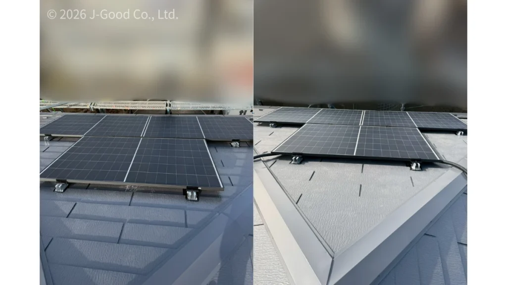 東京都の住宅の屋根に設置された、AIKO（アイコ）製AA PREMIER Liteの太陽光パネル（5.34kW）の施工完了写真（著作権：株式会社ジェイグッド）
