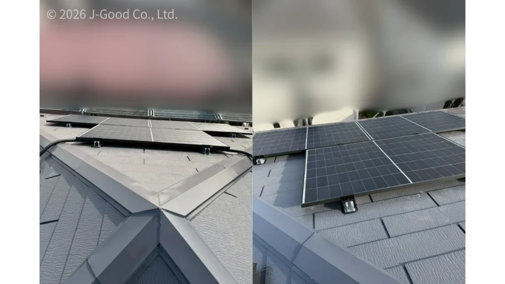 東京都の住宅の屋根に設置された、AIKO（アイコ）製AA PREMIER Liteの太陽光パネル（5.34kW）の施工完了写真（著作権：株式会社ジェイグッド）