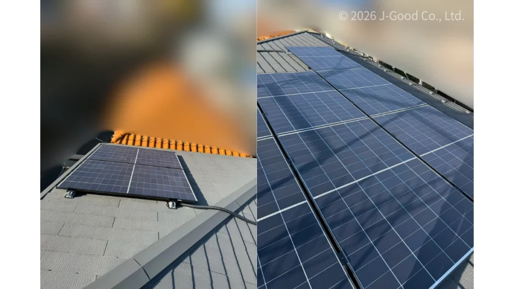 東京都の住宅の屋根に設置された、AIKO（アイコ）製AA PREMIER Liteの太陽光パネル（4.005kW）の施工完了写真（著作権：株式会社ジェイグッド）