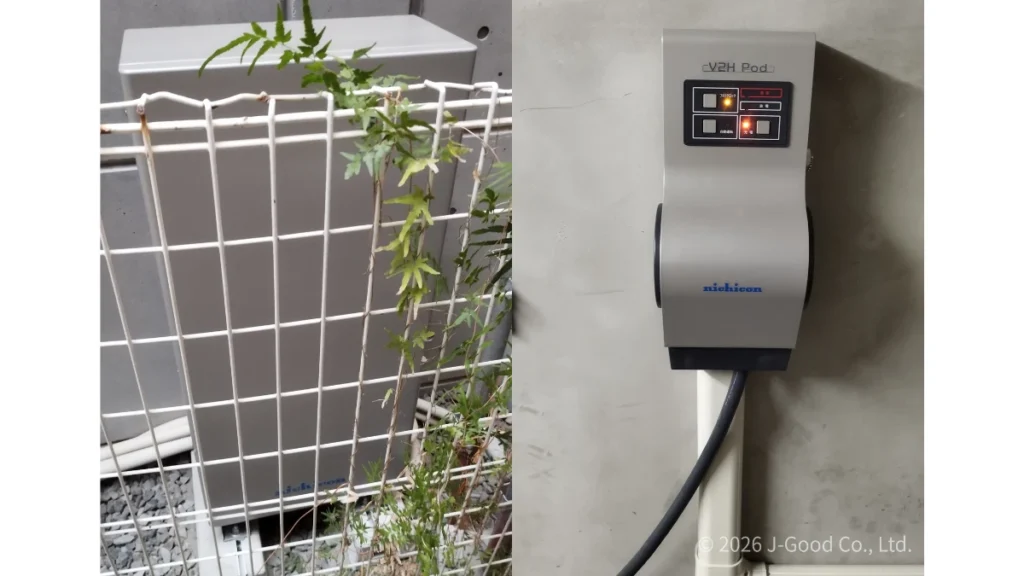 東京都の住宅に設置された、ニチコン製のV2Hスタンド(セパレート型)、V2Hポッドの施工完了写真(著作権:株式会社ジェイグッド)