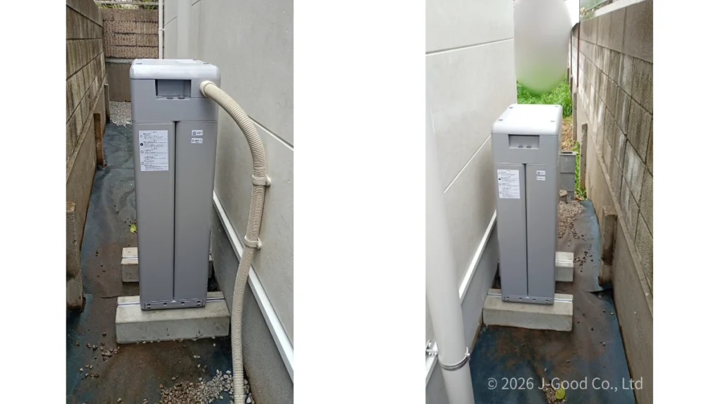 東京都の住宅に設置された、長州産業製の蓄電池Smart PV multi（16.4kWh）の本体の施工完了写真（著作権：株式会社ジェイグッド）