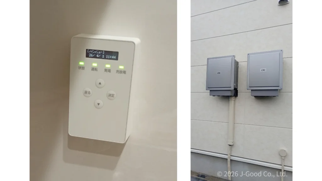 東京都の住宅に設置された、長州産業製の蓄電池Smart PV multi（16.4kWh）のパワーコンディショナ、リモコンモニターの施工完了写真（著作権：株式会社ジェイグッド）