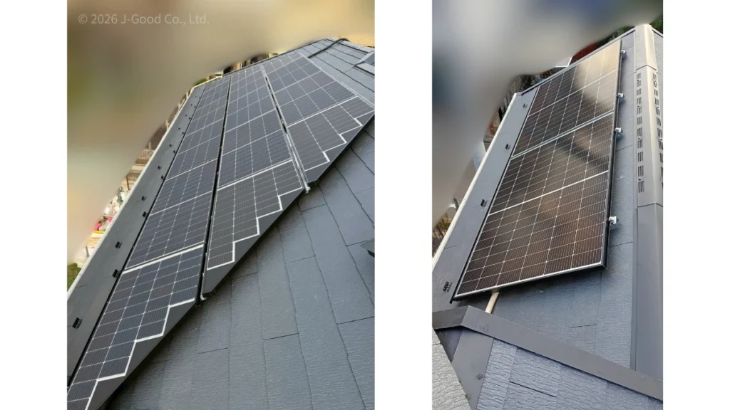 東京都の住宅の屋根に設置された、長州産業製の太陽光パネル（4.66kW）の施工完了写真（著作権：株式会社ジェイグッド）