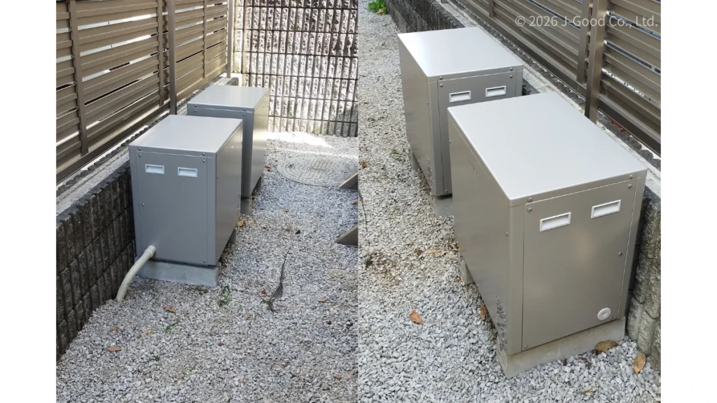 東京都の住宅に設置された、ニチコン製T6シリーズの蓄電池（19.9kWh）の本体の施工完了写真（著作権：株式会社ジェイグッド）