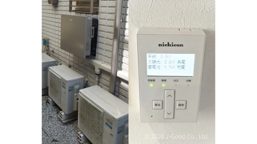 東京都の住宅に設置された、ニチコン製T6シリーズの蓄電池(19.9kWh)のパワーコンディショナ、リモコンモニターの施工完了写真(著作権:株式会社ジェイグッド)