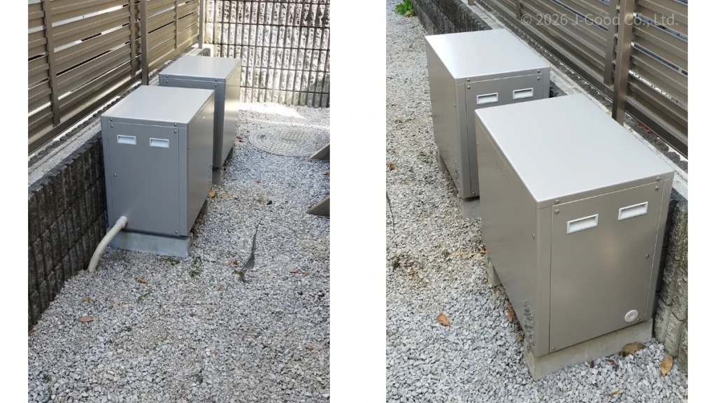 東京都の住宅に設置された、ニチコン製T6シリーズの蓄電池（19.9kWh）の本体の施工完了写真（著作権：株式会社ジェイグッド）