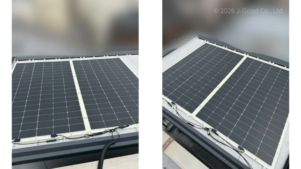 東京都の住宅の屋根に設置された、シルファインジャパン（SILFINE JAPAN）製の超軽量フレキシブル太陽光パネルFINE-FLEX（ファインフレックス）（2.8kW）の施工完了写真（著作権：株式会社ジェイグッド）