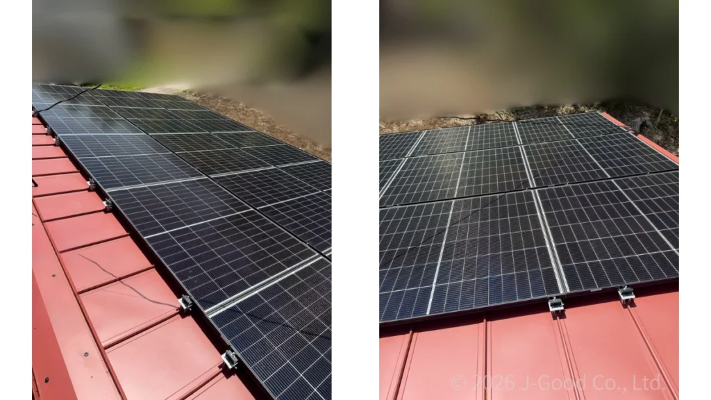 茨城県の住宅の屋根に設置された、カナディアンソーラー製の太陽光パネル（6.12kW）の施工完了写真（著作権：株式会社ジェイグッド）